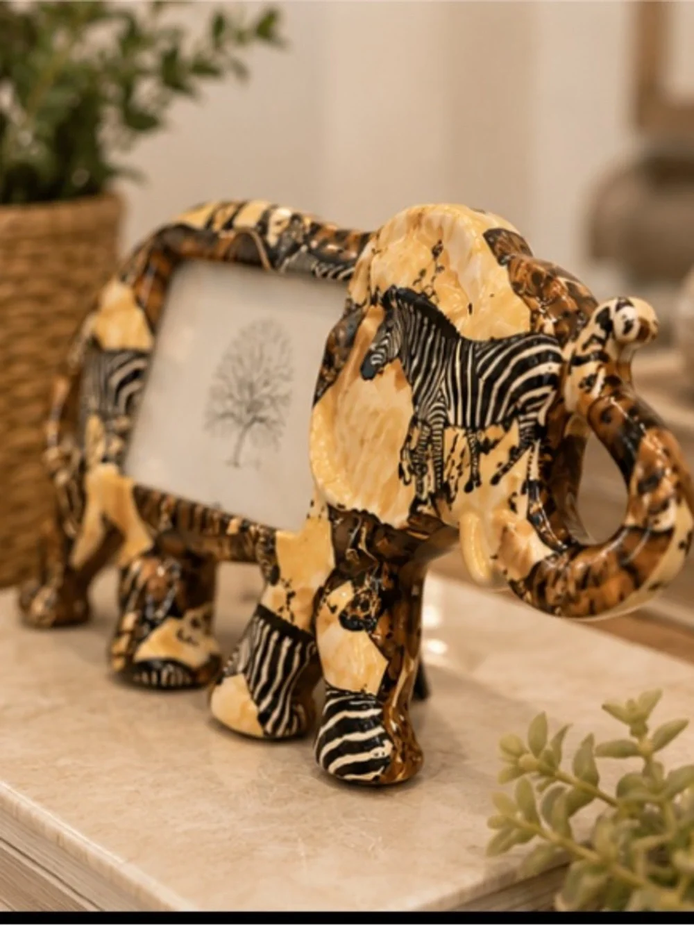 LaVie Ceramic Safari Elephant Picture Frame Zebra Print 3.5x5 Photo Holder 12.5”